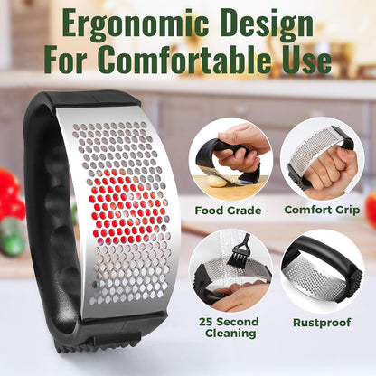 Garlic Press Rocker, Stainless Steel Garlic Mincer and Garlic Crusher, Easy-Squeeze Garlic Tool with Peeler and Cleaning Brush for Smashing Garlic