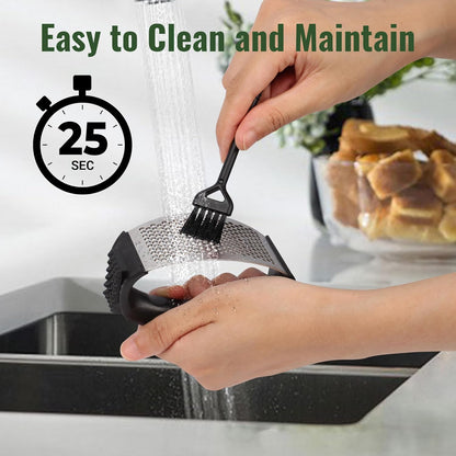 Garlic Press Rocker, Stainless Steel Garlic Mincer and Garlic Crusher, Easy-Squeeze Garlic Tool with Peeler and Cleaning Brush for Smashing Garlic