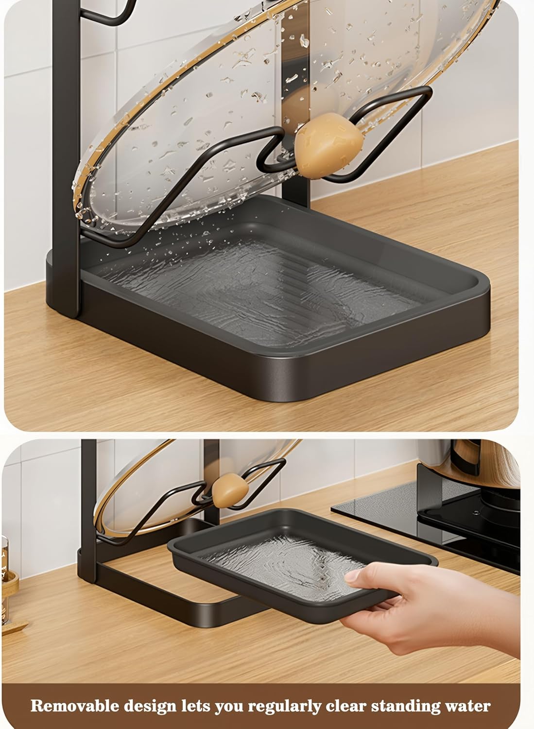 Pot Lid Holder, Carbon Steel Rack with Removable Kitchen Drip Tray | Pre-assembled; removable dishwasher-safe tray; anti-slip; fits 7.5–14 in lids; ideal for families & small apartment kitchens