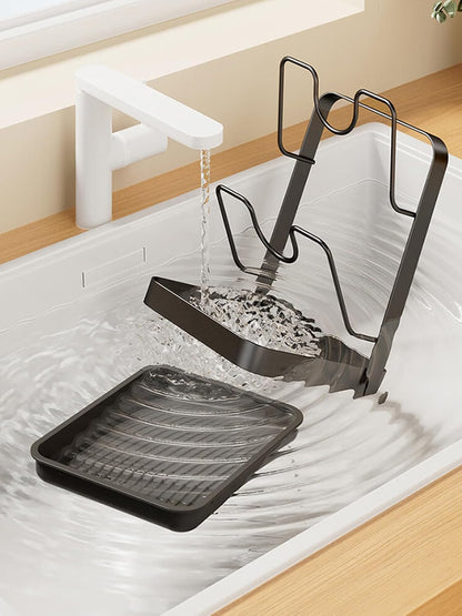 Pot Lid Holder, Carbon Steel Rack with Removable Kitchen Drip Tray | Pre-assembled; removable dishwasher-safe tray; anti-slip; fits 7.5–14 in lids; ideal for families & small apartment kitchens