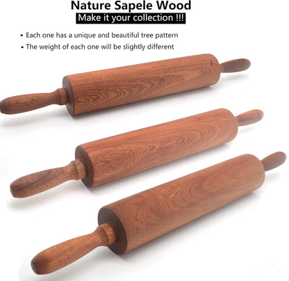 Classic Sapele Wooden Rolling Pin With Handles 17''L x 1.77"W