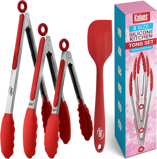 Kitchen Tongs for Cooking Grilling Set of 4, BBQ Grill Tongs With Silicone Tip Stainless Steel Heat Resistant, Non-stick Pull Lock, Incl 7, 9, 12 Inch Tong Plus a Silicone Spatula