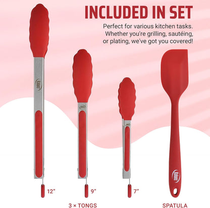 Kitchen Tongs for Cooking Grilling Set of 4, BBQ Grill Tongs With Silicone Tip Stainless Steel Heat Resistant, Non-stick Pull Lock, Incl 7, 9, 12 Inch Tong Plus a Silicone Spatula