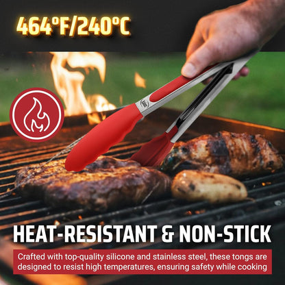 Kitchen Tongs for Cooking Grilling Set of 4, BBQ Grill Tongs With Silicone Tip Stainless Steel Heat Resistant, Non-stick Pull Lock, Incl 7, 9, 12 Inch Tong Plus a Silicone Spatula