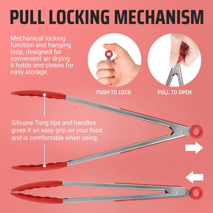 Kitchen Tongs for Cooking Grilling Set of 4, BBQ Grill Tongs With Silicone Tip Stainless Steel Heat Resistant, Non-stick Pull Lock, Incl 7, 9, 12 Inch Tong Plus a Silicone Spatula