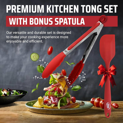 Kitchen Tongs for Cooking Grilling Set of 4, BBQ Grill Tongs With Silicone Tip Stainless Steel Heat Resistant, Non-stick Pull Lock, Incl 7, 9, 12 Inch Tong Plus a Silicone Spatula