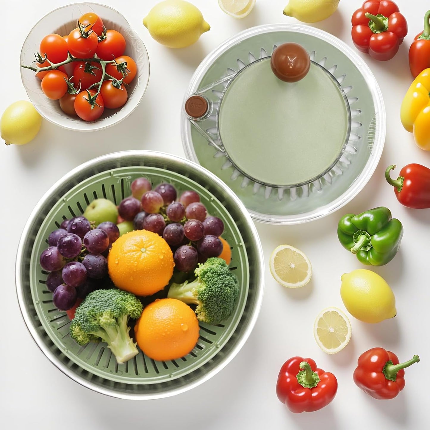 5.3Qt Stainless Steel Salad Spinner, Salad Spinner Stainless Steel With Stop Button & Drain Hole, Non-Slip Base, Vegetable Spinner Dryer, Dishwasher Safe For Kitchen
