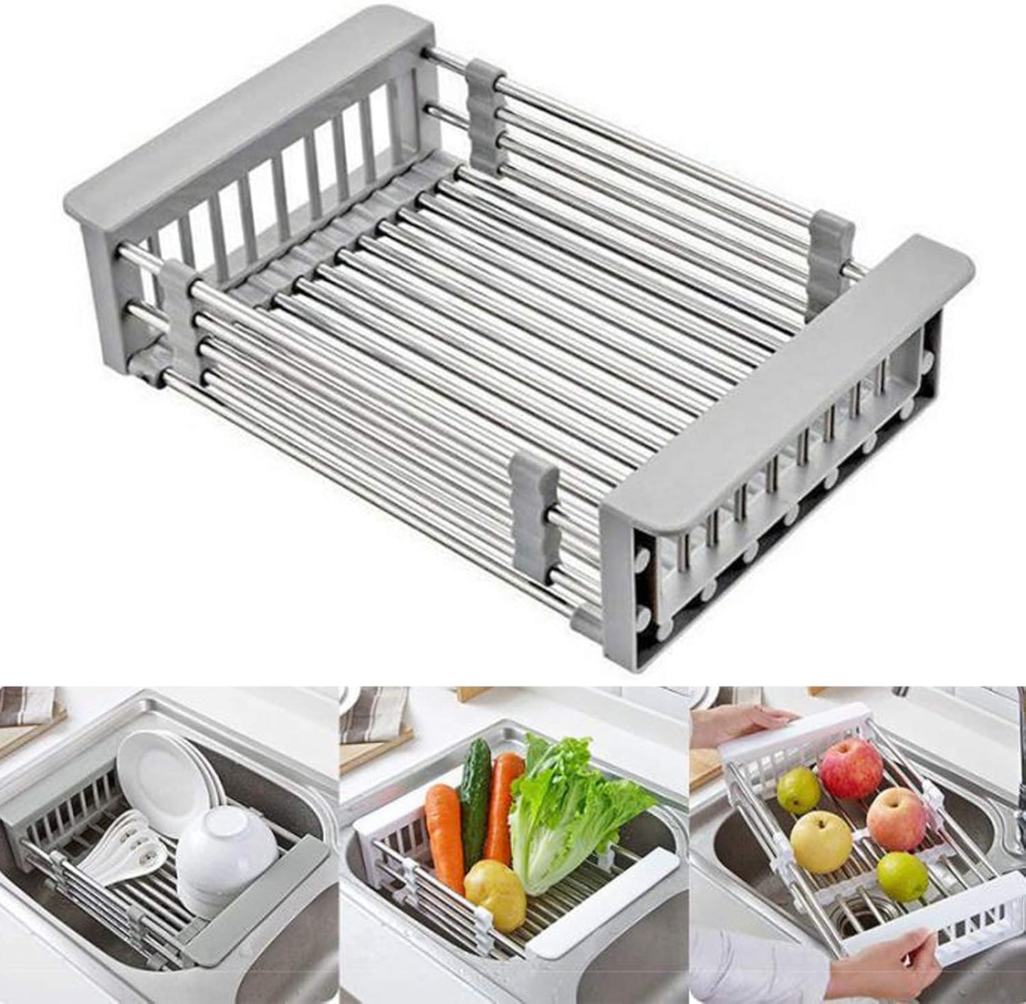Stainless Steel Kitchen Drying Rack, Retractable Drain Basket with Adjustable Armrest, Over The Sink Dish Drying Rack