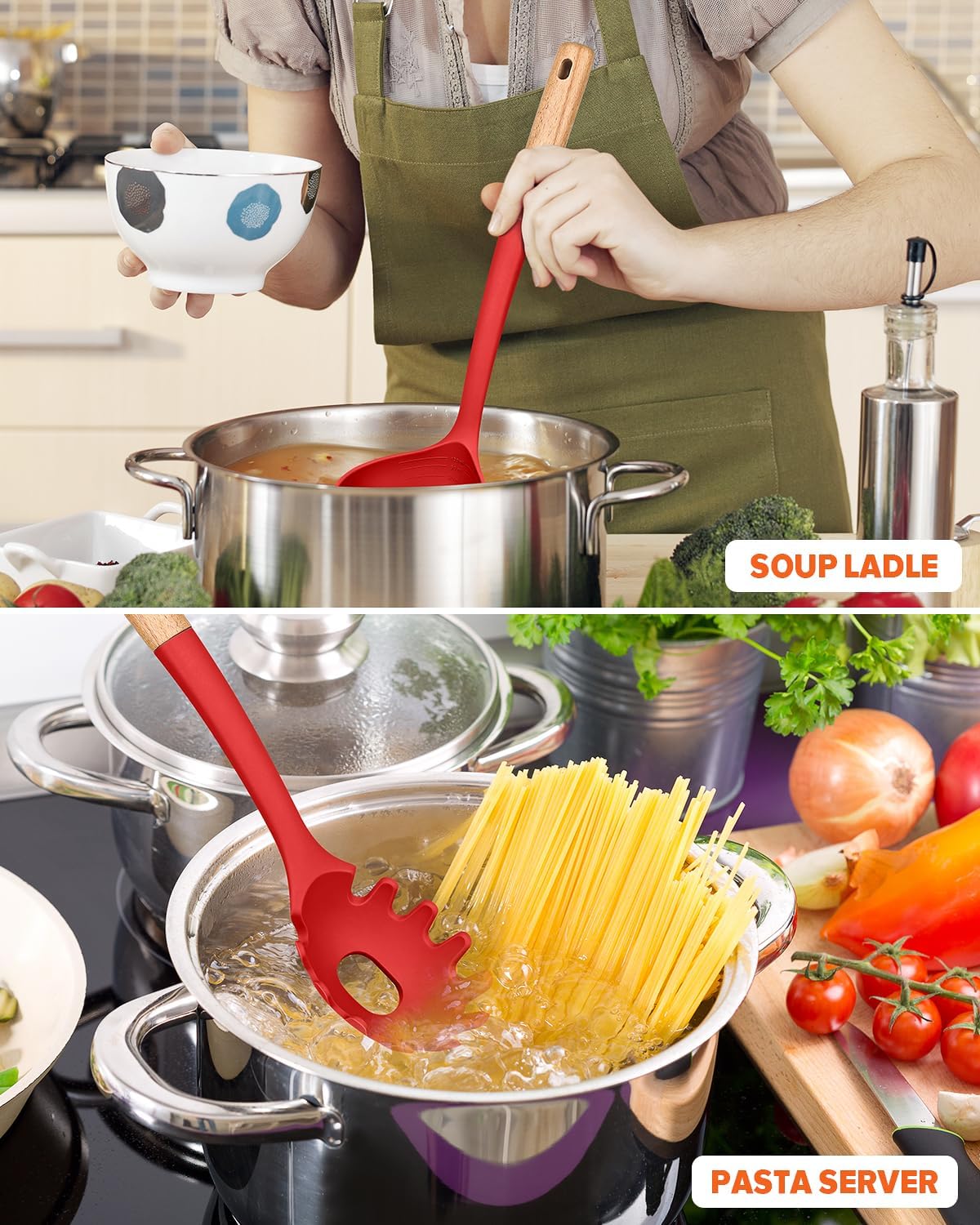 Pasta Fork and Ladle Set, Perfect for Serving Hot Soup, Stirring, and Sauce Pasta, BPA-Free Matte Silicone, Wood Handle Spaghetti Spoon for Nonstick Cooking Surfaces (Grey)