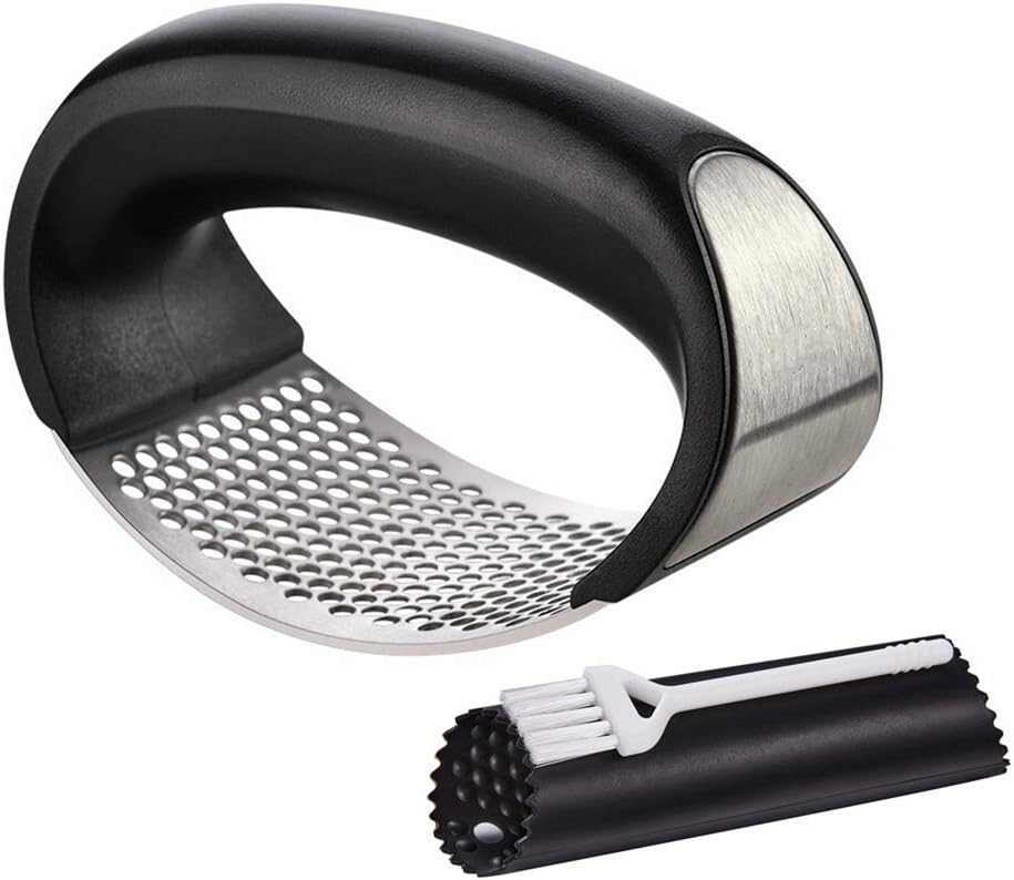 Garlic Press Rocker Stainless Steel, 3-in-1 Garlic Mincer+ Garlic Peeler Silicone+ Brush, Garlic Pounding Tool Mincer Masher Clove Mincing Crusher
