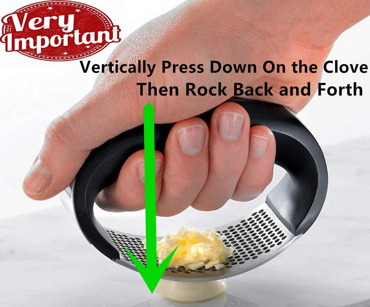 Garlic Press Rocker Stainless Steel, 3-in-1 Garlic Mincer+ Garlic Peeler Silicone+ Brush, Garlic Pounding Tool Mincer Masher Clove Mincing Crusher