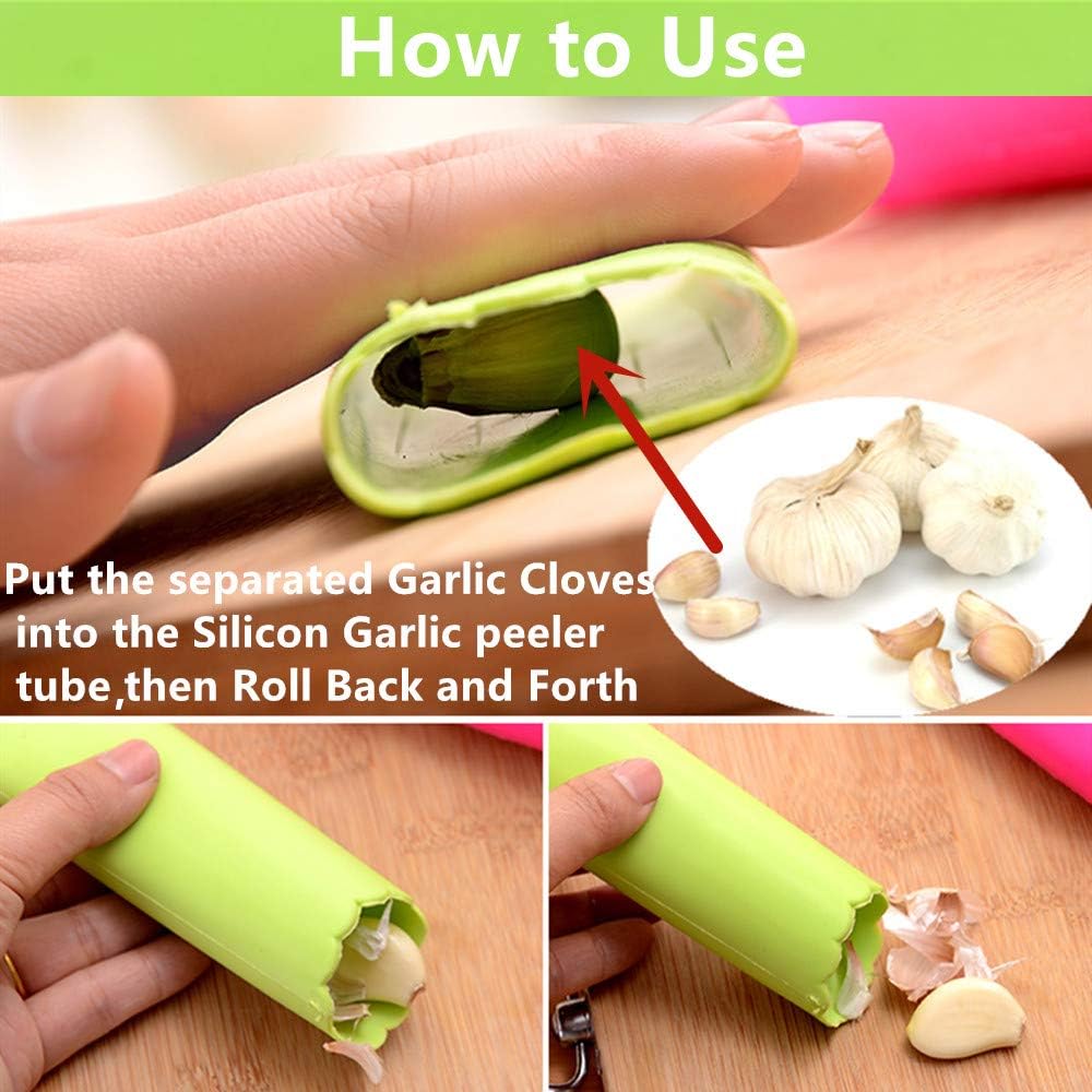Garlic Press Rocker Stainless Steel, 3-in-1 Garlic Mincer+ Garlic Peeler Silicone+ Brush, Garlic Pounding Tool Mincer Masher Clove Mincing Crusher
