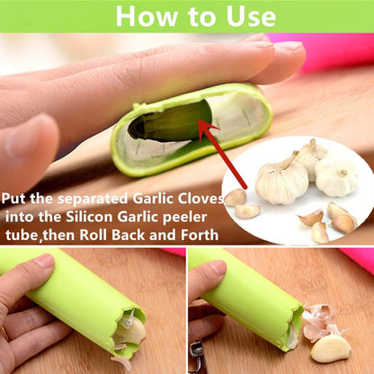 Garlic Press Rocker Stainless Steel, 3-in-1 Garlic Mincer+ Garlic Peeler Silicone+ Brush, Garlic Pounding Tool Mincer Masher Clove Mincing Crusher