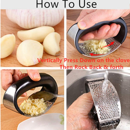 Garlic Press Rocker Stainless Steel, 3-in-1 Garlic Mincer+ Garlic Peeler Silicone+ Brush, Garlic Pounding Tool Mincer Masher Clove Mincing Crusher