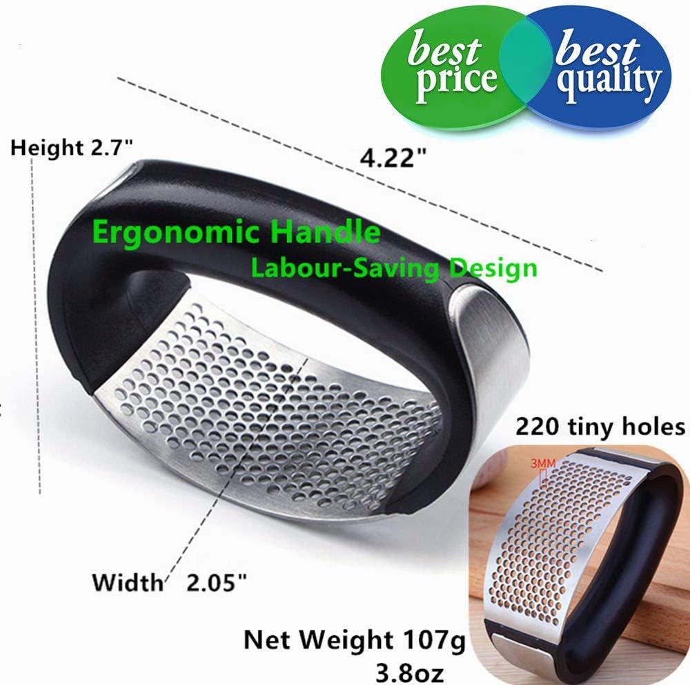Garlic Press Rocker Stainless Steel, 3-in-1 Garlic Mincer+ Garlic Peeler Silicone+ Brush, Garlic Pounding Tool Mincer Masher Clove Mincing Crusher