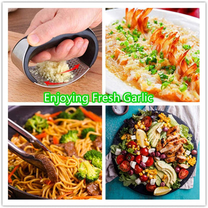 Garlic Press Rocker Stainless Steel, 3-in-1 Garlic Mincer+ Garlic Peeler Silicone+ Brush, Garlic Pounding Tool Mincer Masher Clove Mincing Crusher