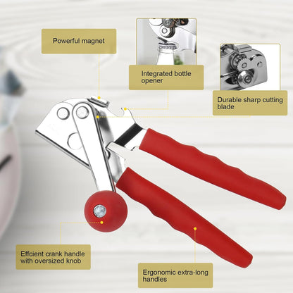 Commercial Can Opener, Stainless Steel Heavy Duty Manual Hand Crank Can Opener, with Comfortable Ergonomic Design Extra-long Handles, Large Handheld Smooth Can Open Easy for Big Cans, Red