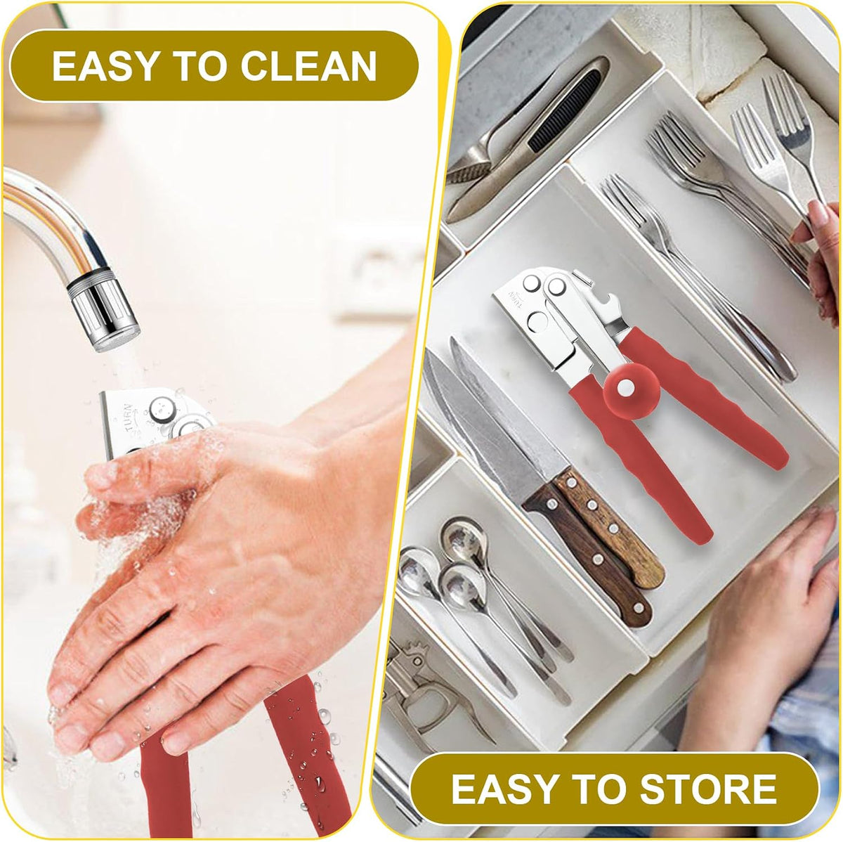 Commercial Can Opener, Stainless Steel Heavy Duty Manual Hand Crank Can Opener, with Comfortable Ergonomic Design Extra-long Handles, Large Handheld Smooth Can Open Easy for Big Cans, Red