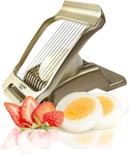 Good Grip Egg Slicer for Hard Boiled Eggs Heavy Duty Professional Large Aluminum Egg Slicer with Stainless Steel Wires Kitchen Aid Egg, Strawberry Slicer Hard Boiled Egg Cutter (Golden)