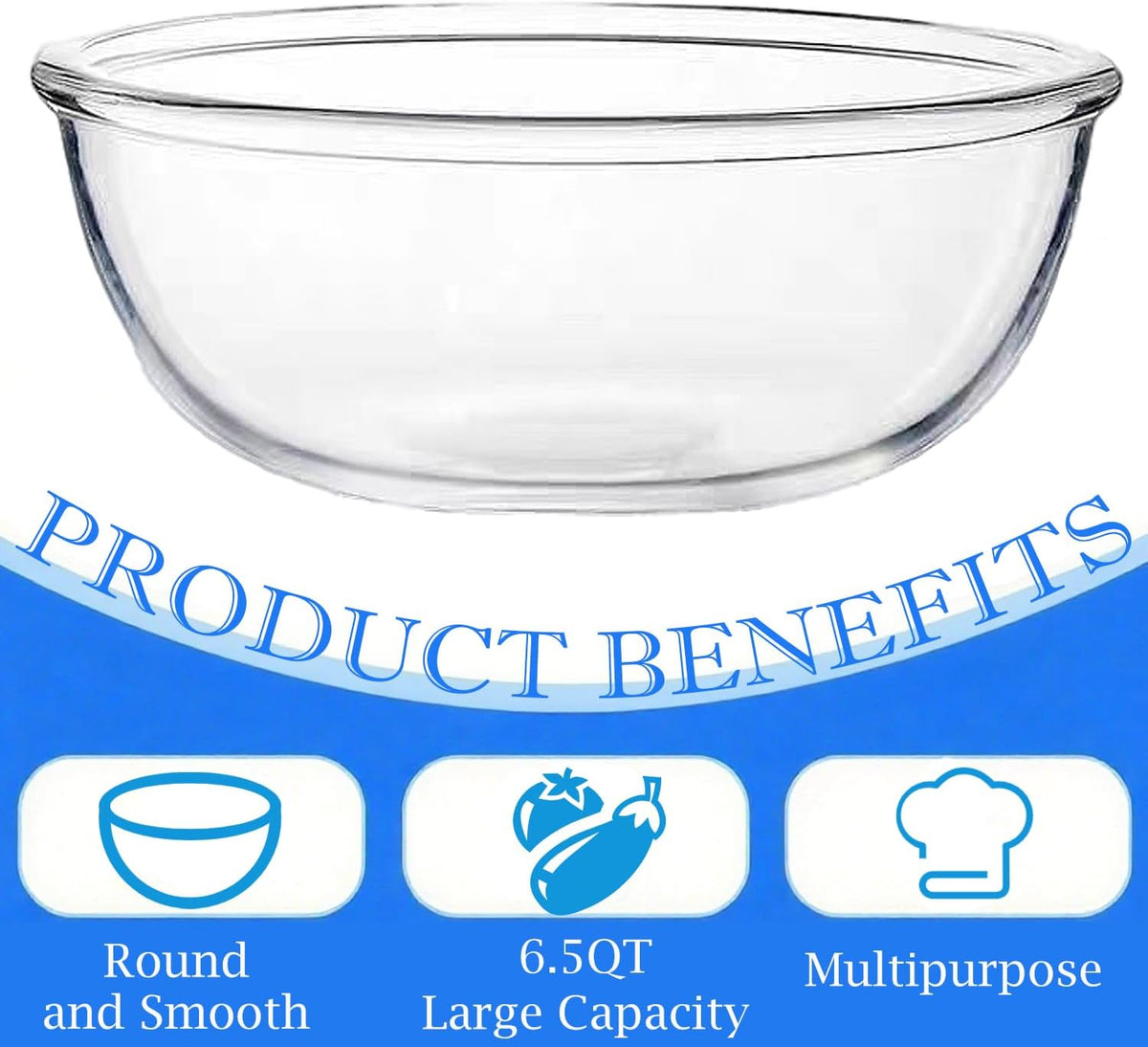 4.7 Qt Extra Large Glass Mixing Bowls, Clear Glass Bowl with Lid, Big Salad Bowl for Salad Fruit Bread Storage (4.7qt)