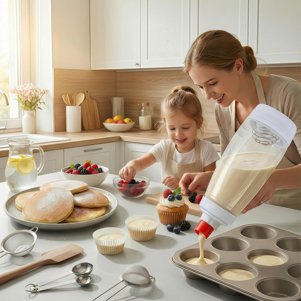 2PCS Pancake Batter Dispenser Bottle for Mixing and Pouring Perfect Batter Ideal for Pancakes Muffins Cupcakes and More Essential Mixer and Shaker Bottle for Kitchen Cooking and Baking