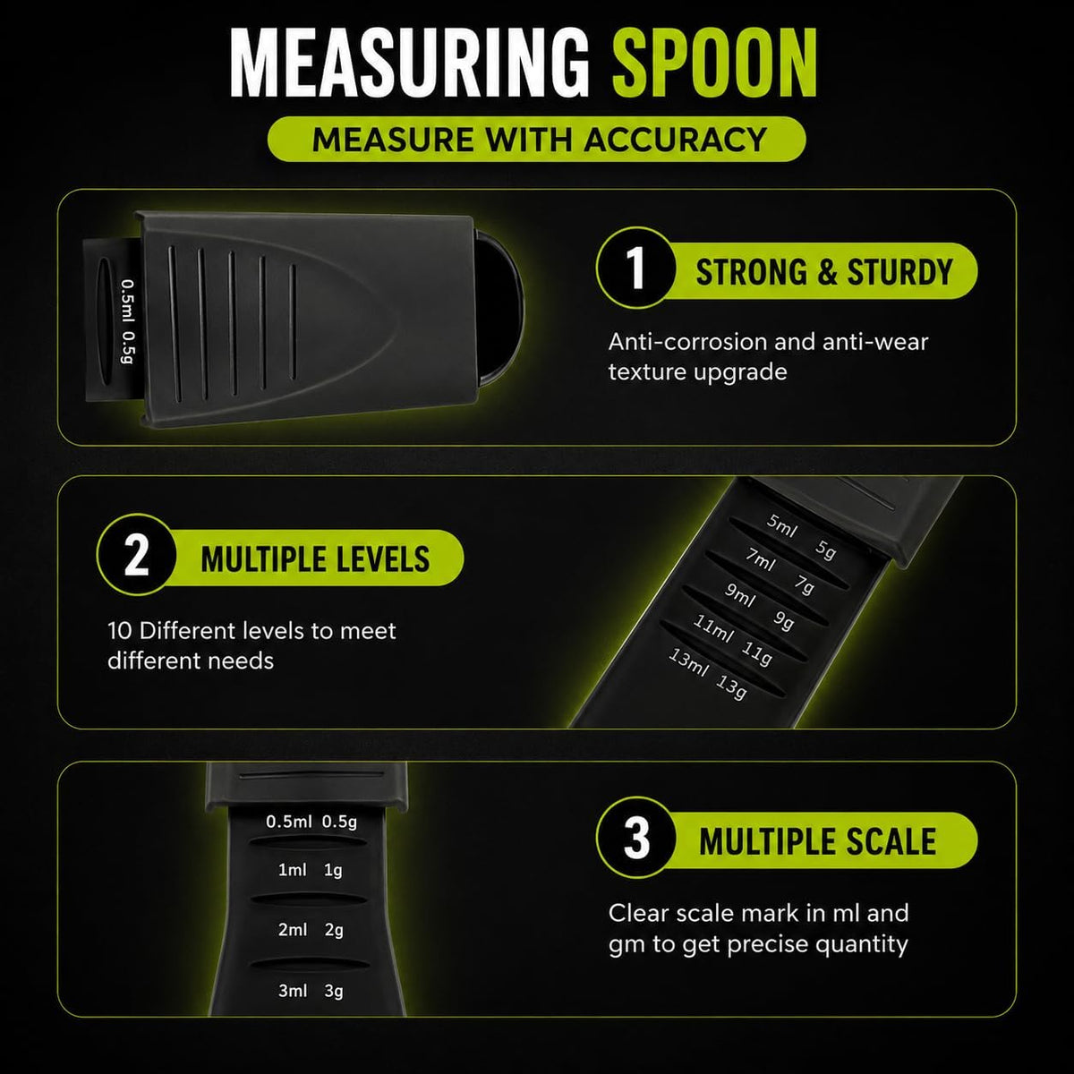 Adjustable Measuring Spoon, Double Ended, 9-in-1, Black