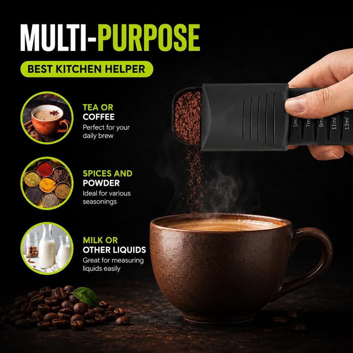 Adjustable Measuring Spoon, Double Ended, 9-in-1, Black