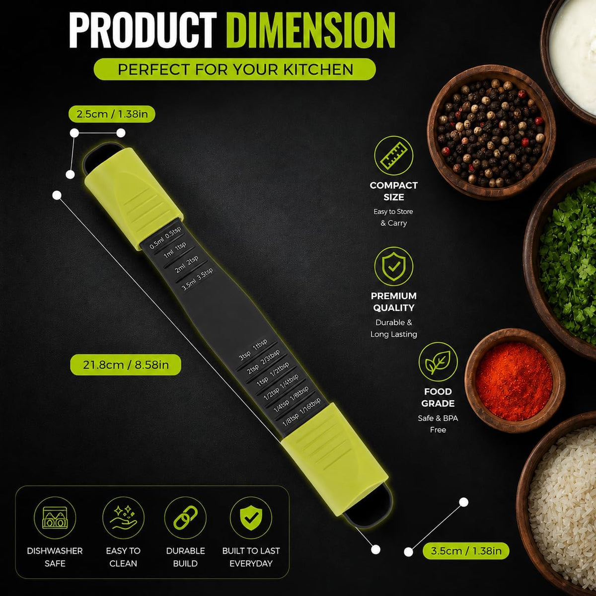 Adjustable Measuring Spoon, Double Ended, 9-in-1, Black