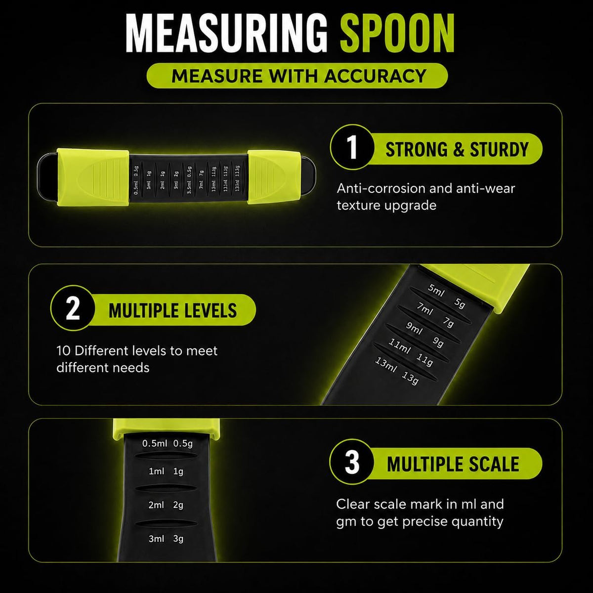 Adjustable Measuring Spoon, Double Ended, 9-in-1, Black