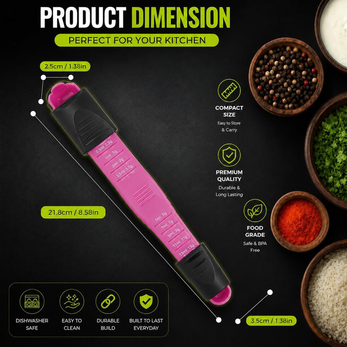 Adjustable Measuring Spoon, Double Ended, 9-in-1, Black
