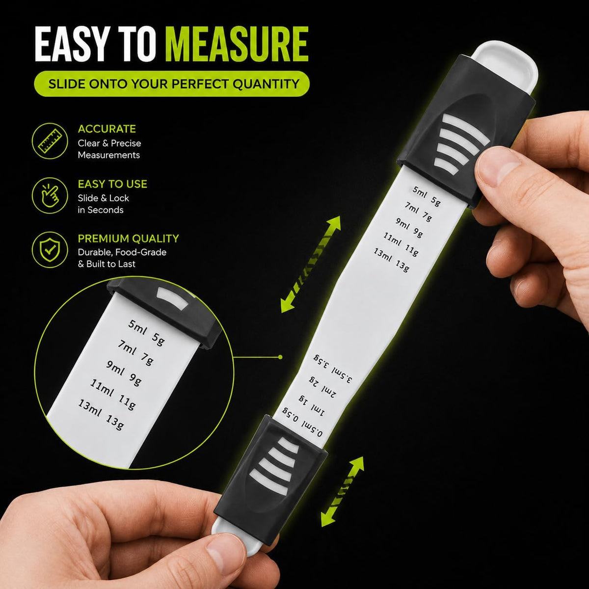 Adjustable Measuring Spoon, Double Ended, 9-in-1, Black