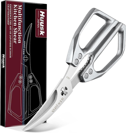Huusk Kitchen Scissors for Food - Multifunction Kitchen Shears All Purpose | Stainless Steel Seafood Scissors for Meat, Fish, Chicken, Turkey, Ergonomic Non-Slip Silver Handle, Gifts for Women