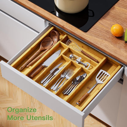 Bamboo Expandable Silverware Drawer Organizer, Adjustable Kitchen Utensil Tray for Forks, Spoons and Knives, Wood Storage Cutlery Holder for Bedroom and Living Room