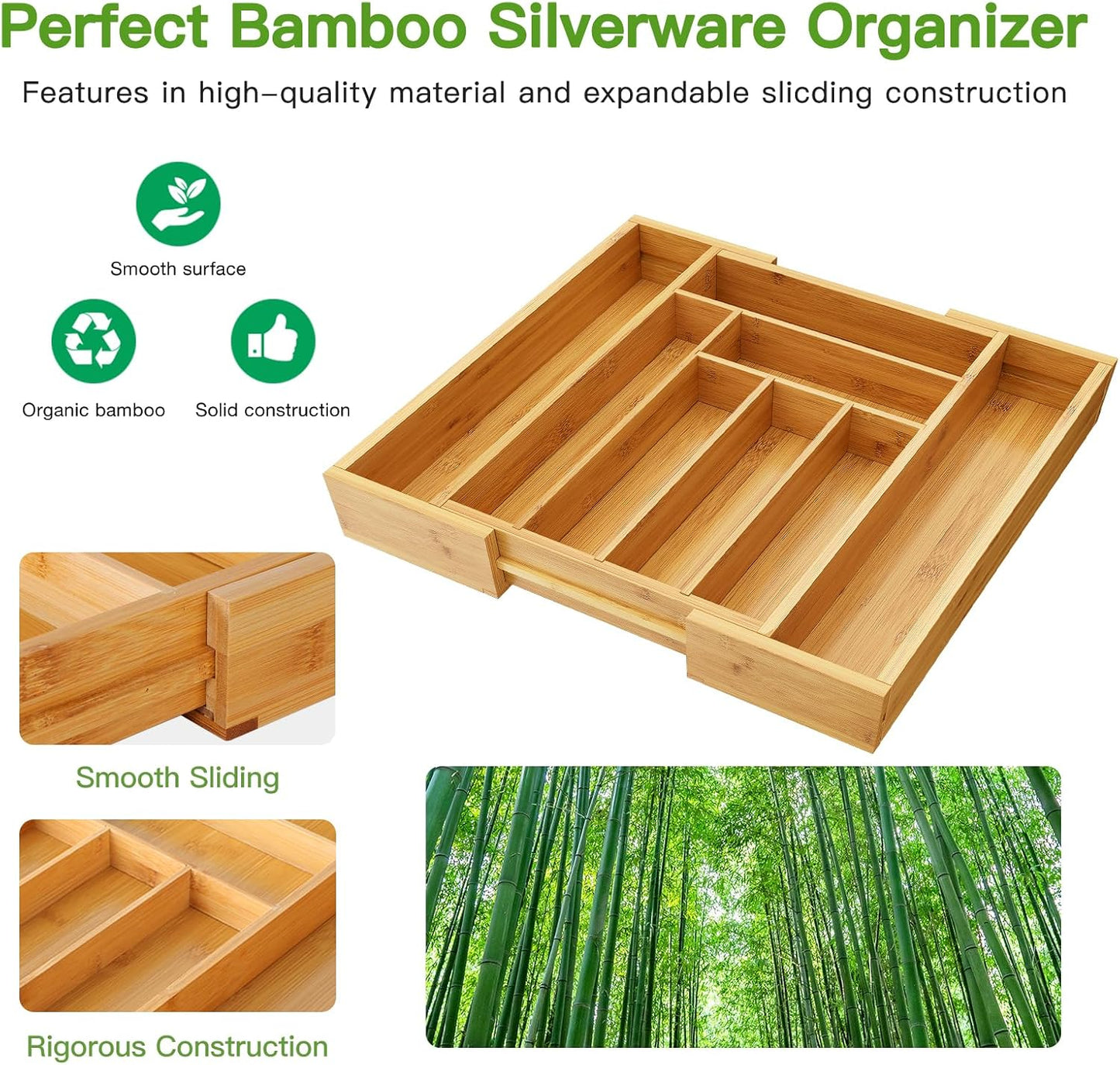 Bamboo Expandable Silverware Drawer Organizer, Adjustable Kitchen Utensil Tray for Forks, Spoons and Knives, Wood Storage Cutlery Holder for Bedroom and Living Room