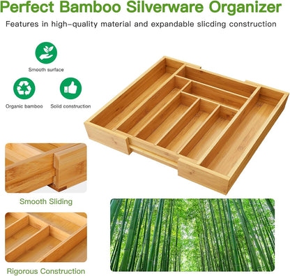 Bamboo Expandable Silverware Drawer Organizer, Adjustable Kitchen Utensil Tray for Forks, Spoons and Knives, Wood Storage Cutlery Holder for Bedroom and Living Room