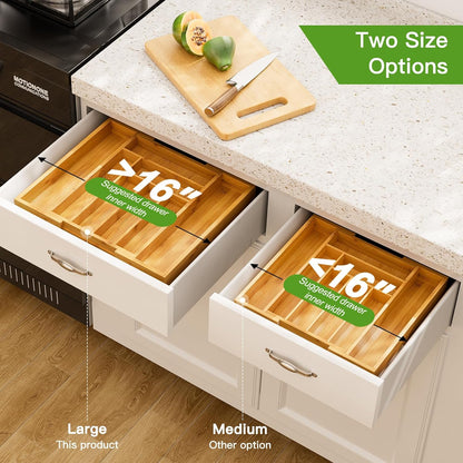 Bamboo Expandable Silverware Drawer Organizer, Adjustable Kitchen Utensil Tray for Forks, Spoons and Knives, Wood Storage Cutlery Holder for Bedroom and Living Room