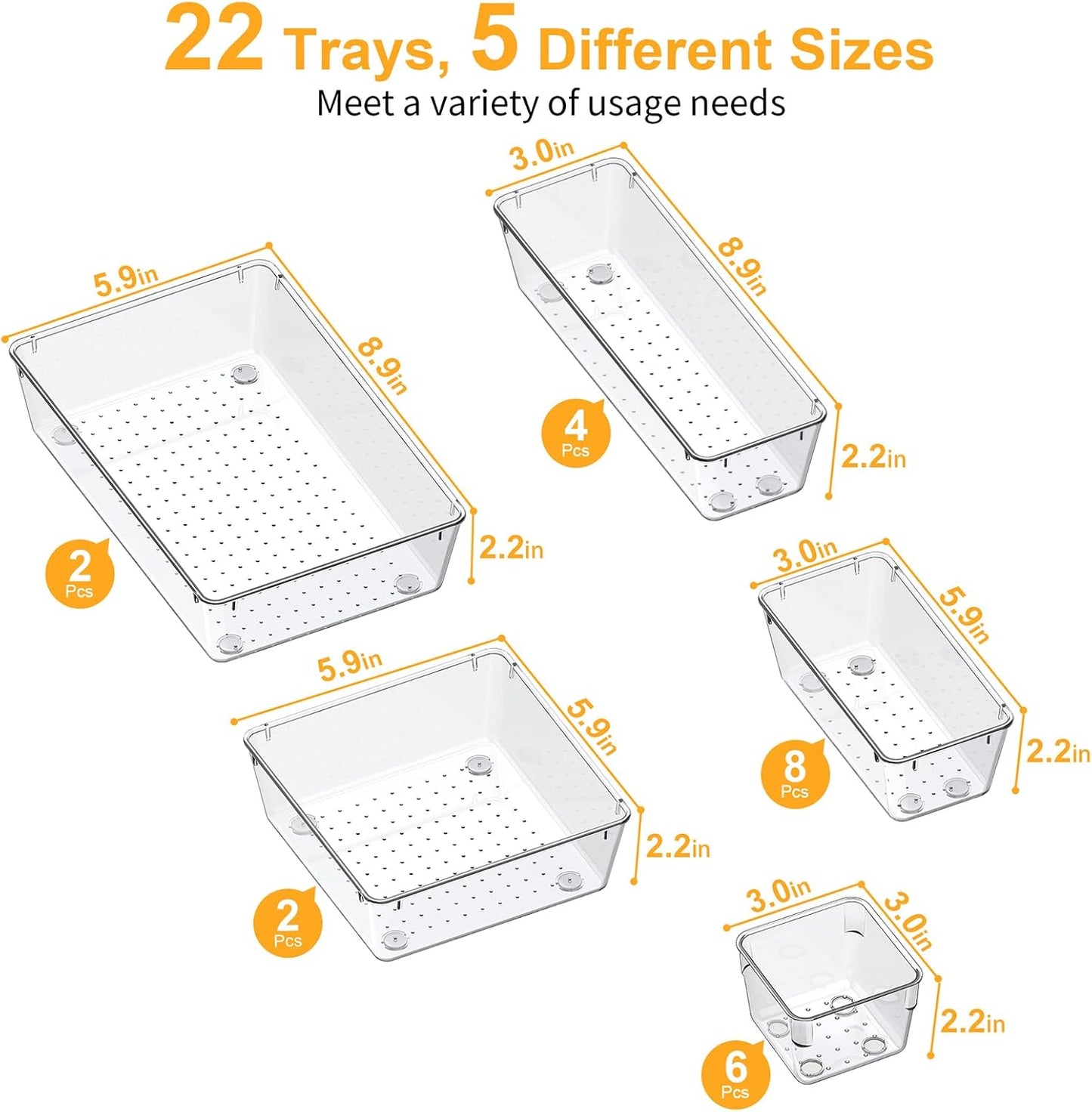 13-Piece Drawer Organizers with Non-Slip Silicone Pads, 5-Size Desk Bathroom Drawer Organizer Trays Storage Tray for Makeup, Jewelries, Utensils in Bedroom Dresser, Office and Kitchen, Clear
