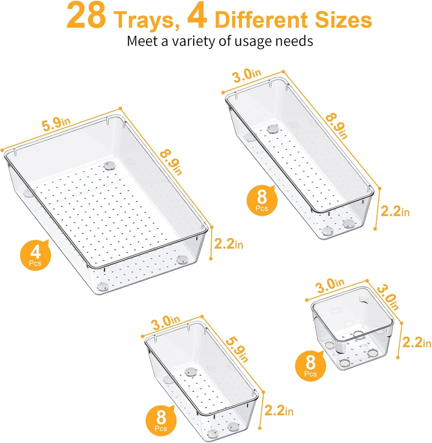 13-Piece Drawer Organizers with Non-Slip Silicone Pads, 5-Size Desk Bathroom Drawer Organizer Trays Storage Tray for Makeup, Jewelries, Utensils in Bedroom Dresser, Office and Kitchen, Clear