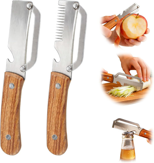 Multifunctional Vegetable Peeler, 3 in 1 Julienne Peeler with Wooden Handle, Vegetable Shredder with Bottle Opener for Peeling Veggie Fruit Pineapple Pumpkin Carrot(2 Pack)