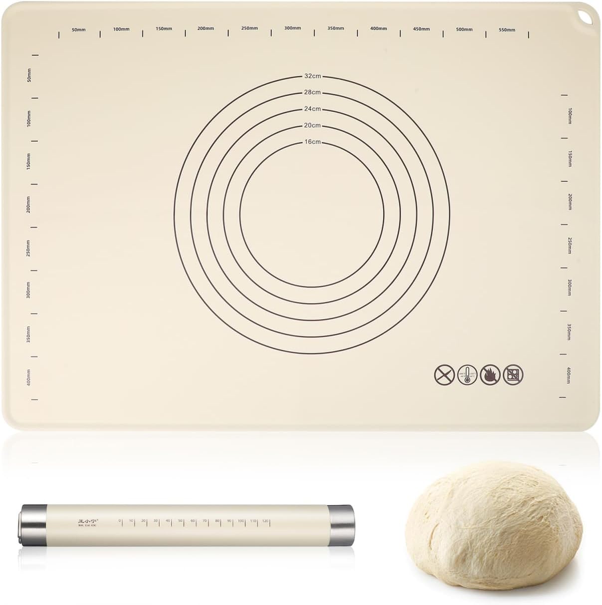 Silicone Baking Mat Rolling Pin Set Extra Large Thick Non Stick Food Grade Pastry Mat with Measurements and Edge Heightening for Pizza Pie Pasta Cookies and Pastry Bread, 28x20 Inches