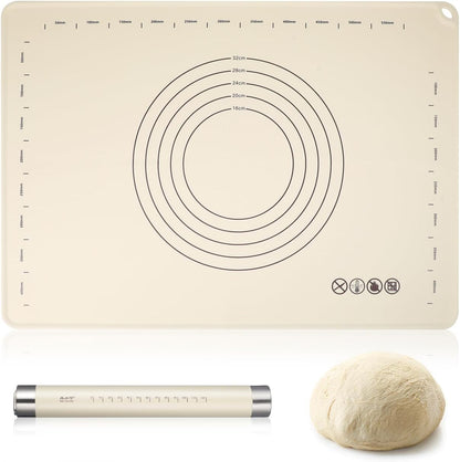 Silicone Baking Mat Rolling Pin Set Extra Large Thick Non Stick Food Grade Pastry Mat with Measurements and Edge Heightening for Pizza Pie Pasta Cookies and Pastry Bread, 28x20 Inches