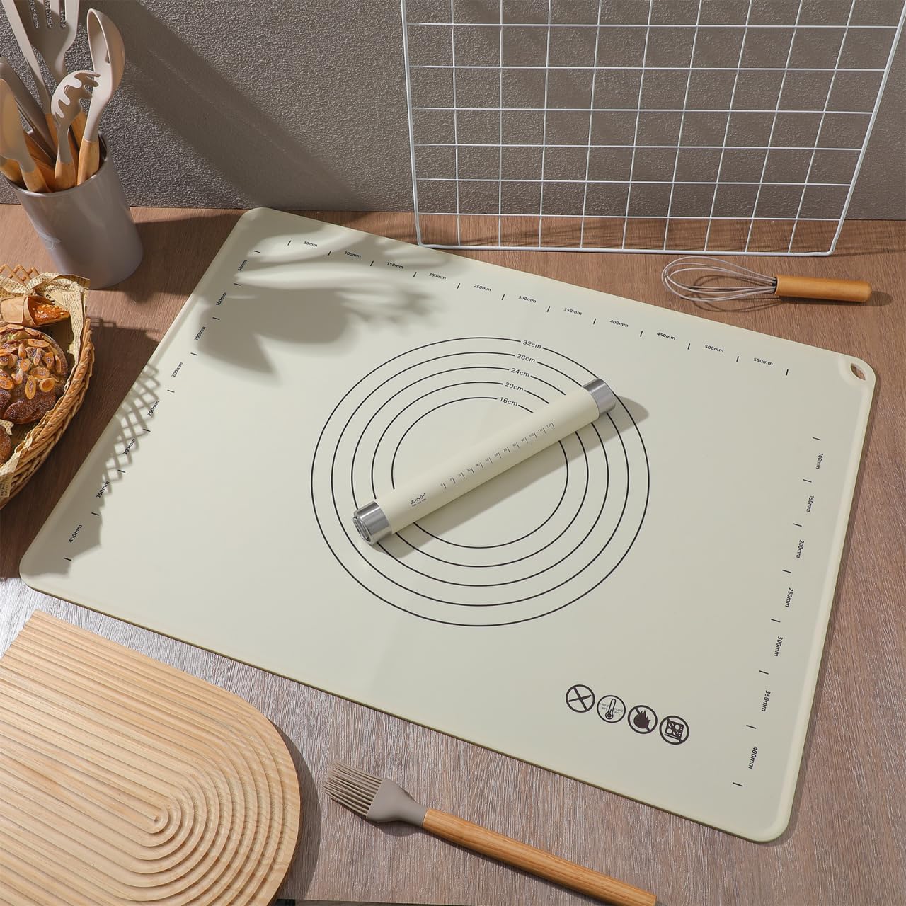 Silicone Baking Mat Rolling Pin Set Extra Large Thick Non Stick Food Grade Pastry Mat with Measurements and Edge Heightening for Pizza Pie Pasta Cookies and Pastry Bread, 28x20 Inches