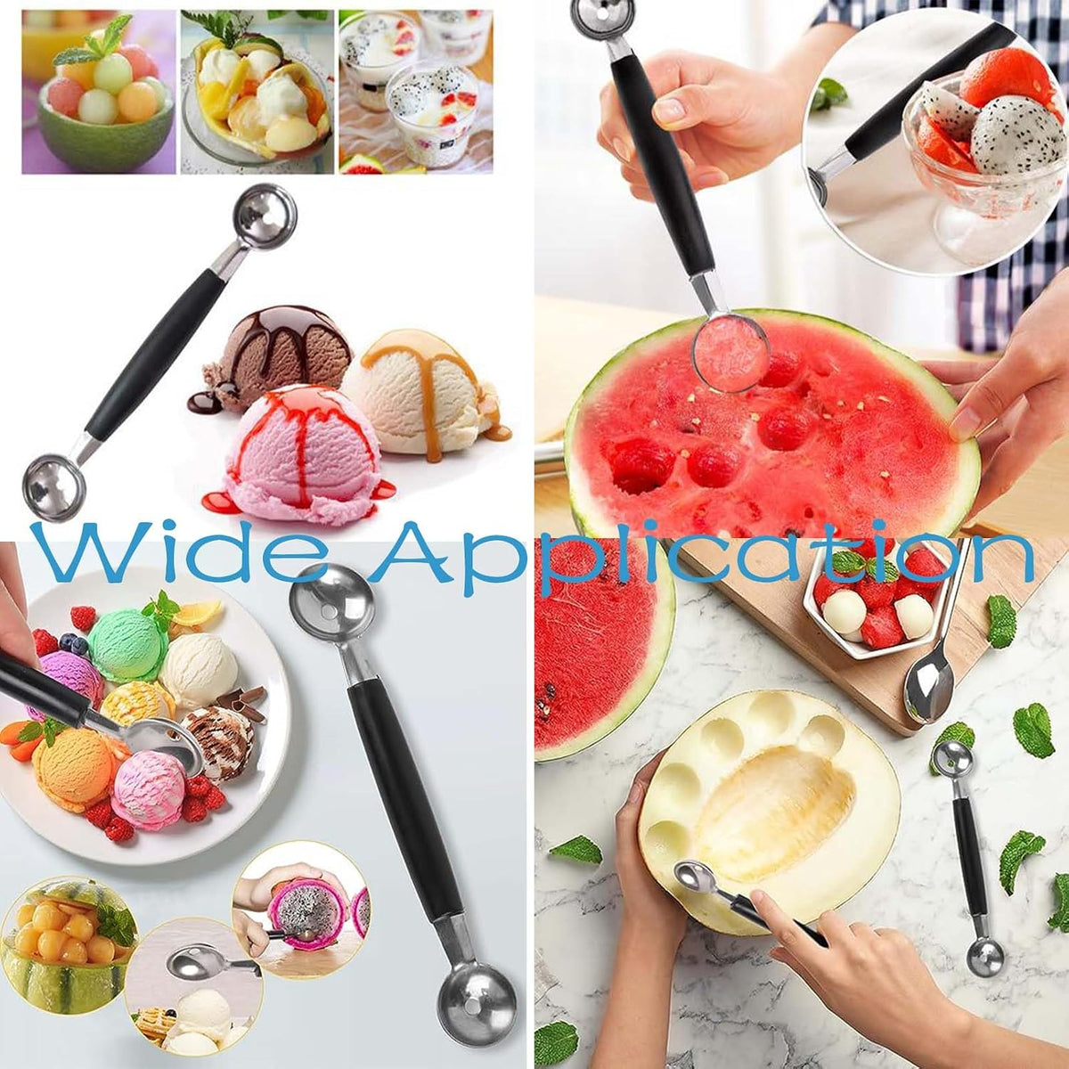 4 Pack Double Ended Headed Fruit Icecream Ball Spoon,Stainless Steel Melon Baller,Smooth Round Melon Balls Melon Scoop for Watermelon/Ice Cream/Fruits/Sorbet/Meatball
