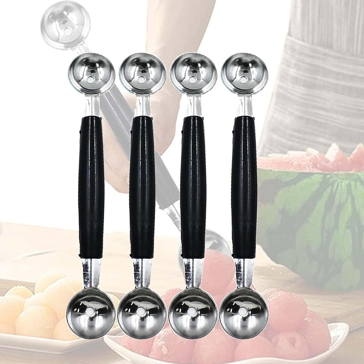 4 Pack Double Ended Headed Fruit Icecream Ball Spoon,Stainless Steel Melon Baller,Smooth Round Melon Balls Melon Scoop for Watermelon/Ice Cream/Fruits/Sorbet/Meatball