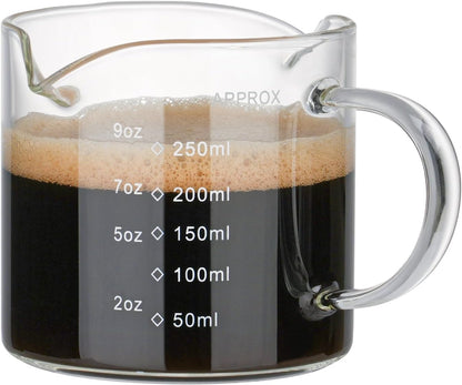 1 Pack 250ML/8.5OZ Measuring Cup Espresso Shot Glasses Double Spouts Large Coffee Cup with Handle Triple Pitcher Milk Cup Parts Clear Glass