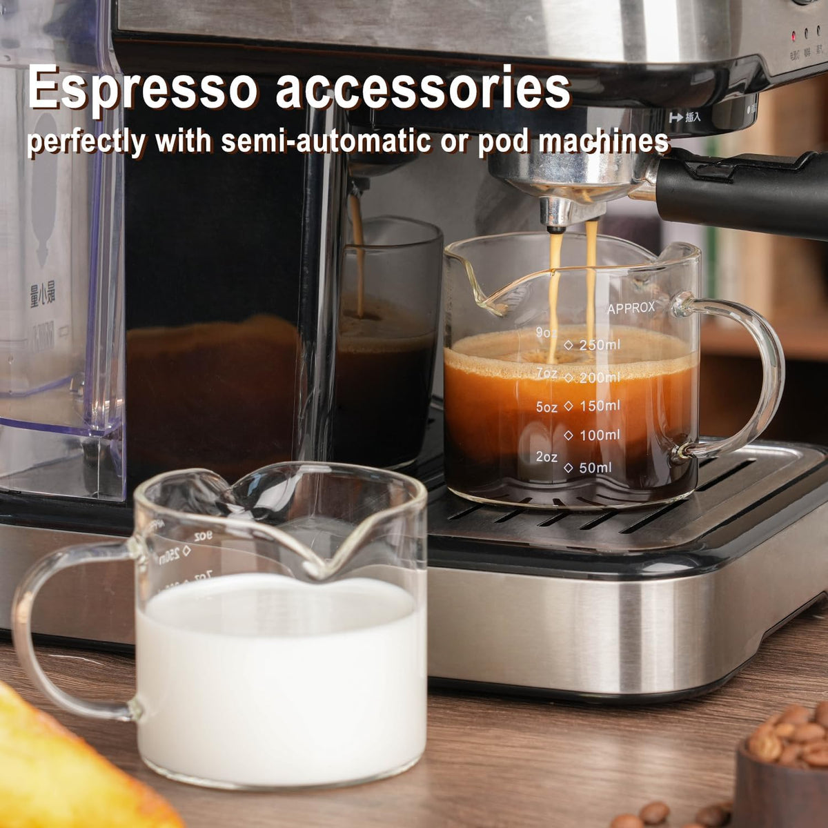 1 Pack 250ML/8.5OZ Measuring Cup Espresso Shot Glasses Double Spouts Large Coffee Cup with Handle Triple Pitcher Milk Cup Parts Clear Glass