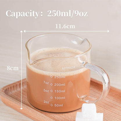 1 Pack 250ML/8.5OZ Measuring Cup Espresso Shot Glasses Double Spouts Large Coffee Cup with Handle Triple Pitcher Milk Cup Parts Clear Glass