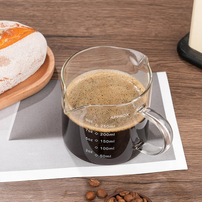 1 Pack 250ML/8.5OZ Measuring Cup Espresso Shot Glasses Double Spouts Large Coffee Cup with Handle Triple Pitcher Milk Cup Parts Clear Glass