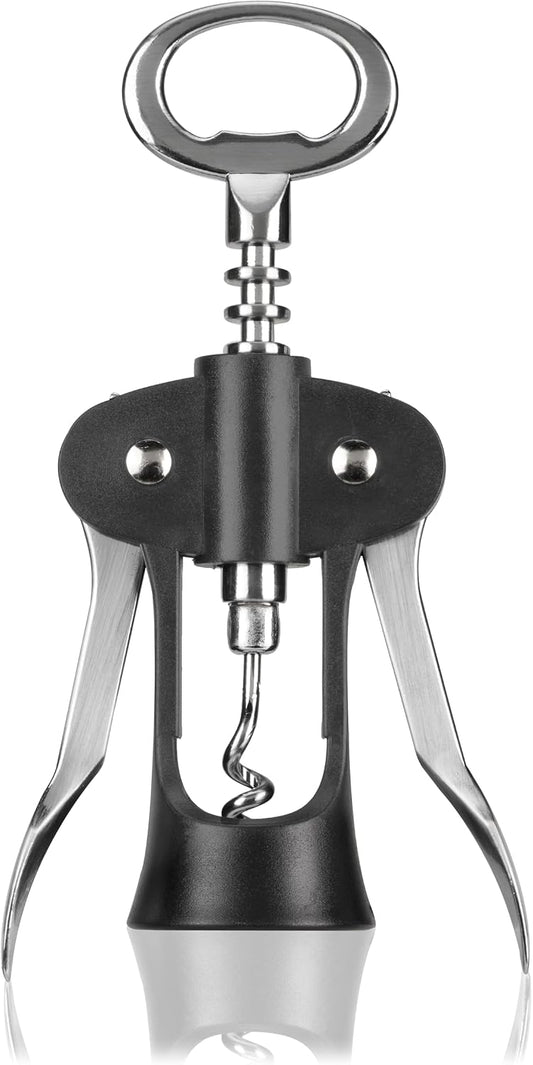 Winged Corkscrew – Self-Centering Wine Bottle Opener with Ergonomic Wing Levers, Satin Silver and Black Finish, Integrated Bottle Opener, and Durable Construction – Set of 1
