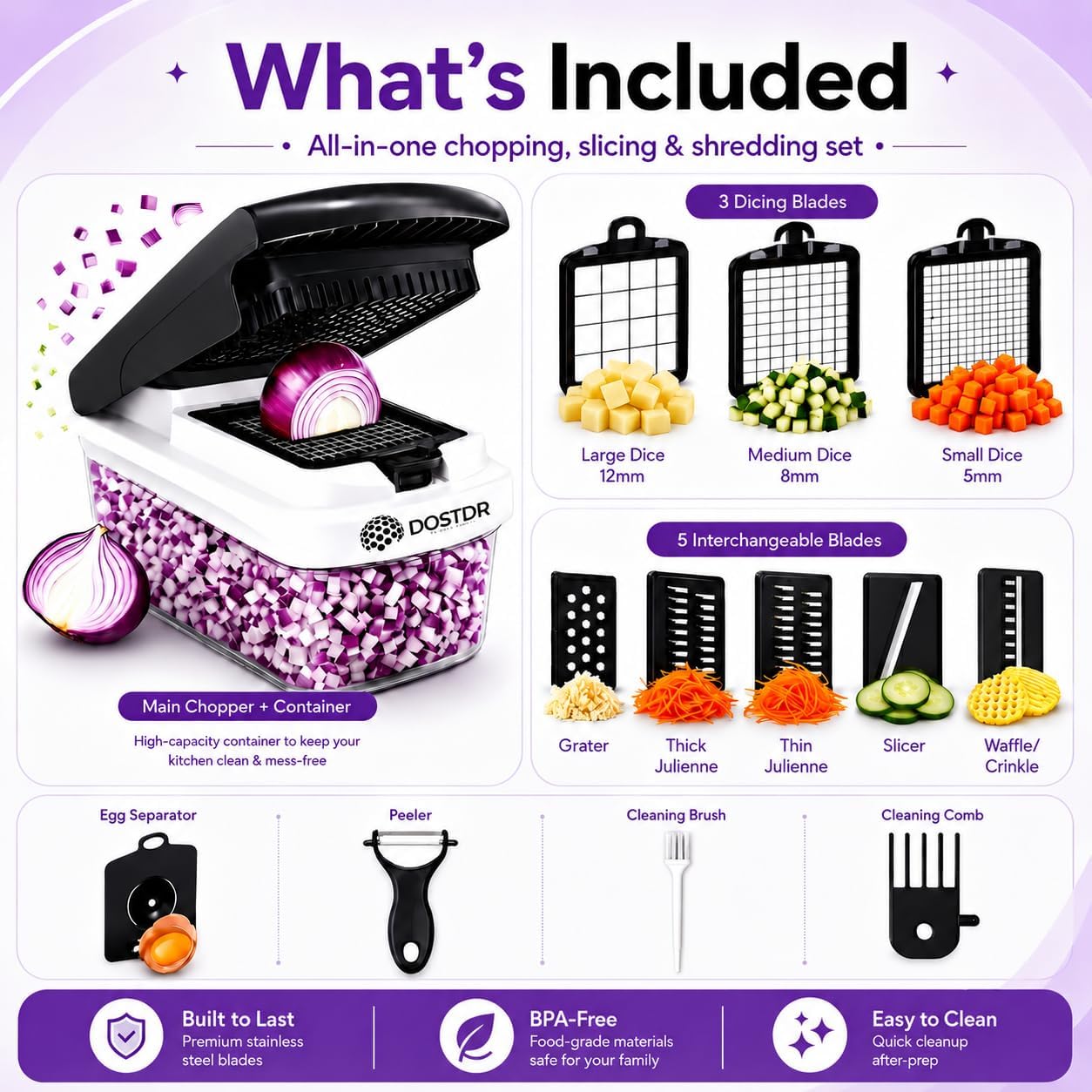 Compact Premium Vegetable Chopper Container Stainless Steel & ABS | Mandoline Slicer Food Chopper with Container Vegetable Cutter Onion Salad Chopper Fruit Slicer Shredding Dicing Easy Cook